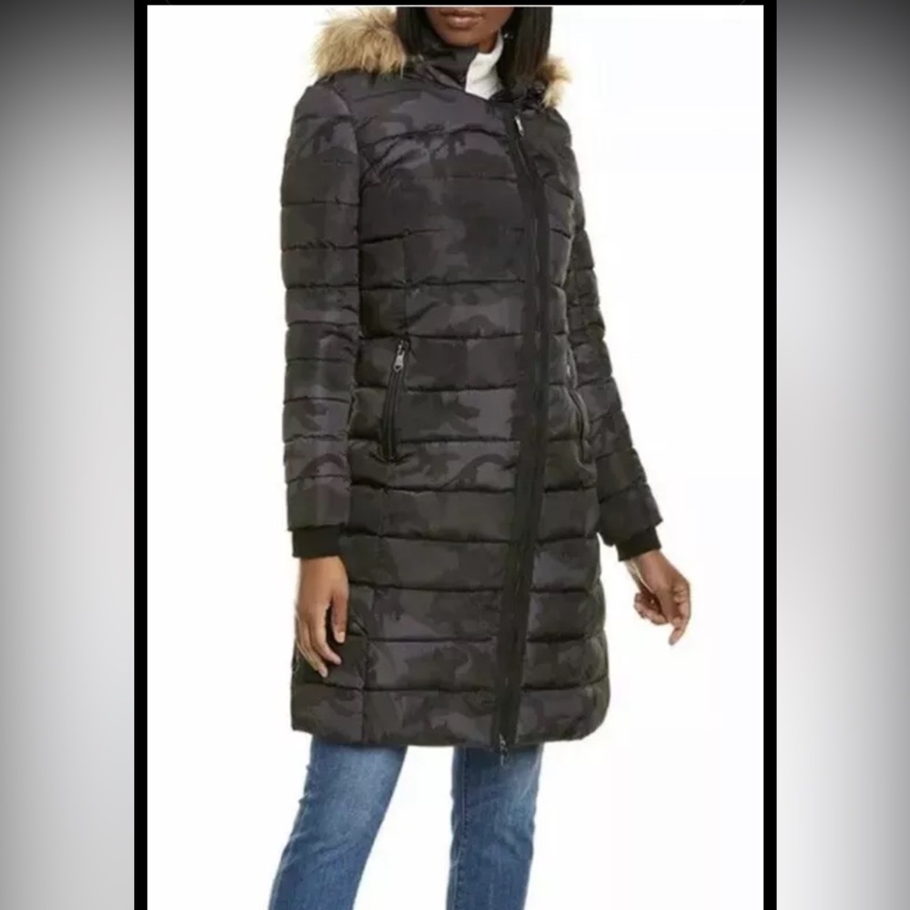 Nanette Lepore Women's Faux Fur Trim Quilted Puffer Coat NWT Small Camo